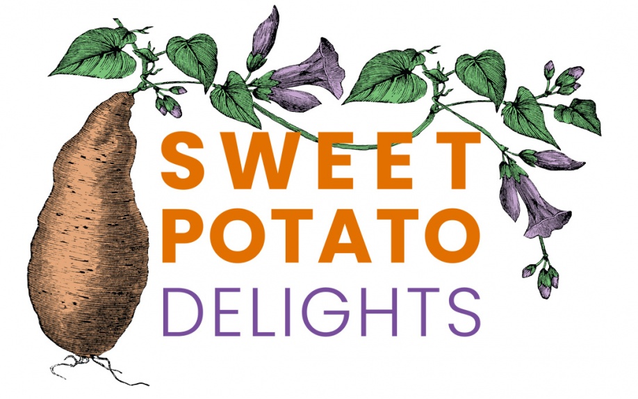 Logo of sweet potato with vines wrapping around the name "Sweet Potato Delights"