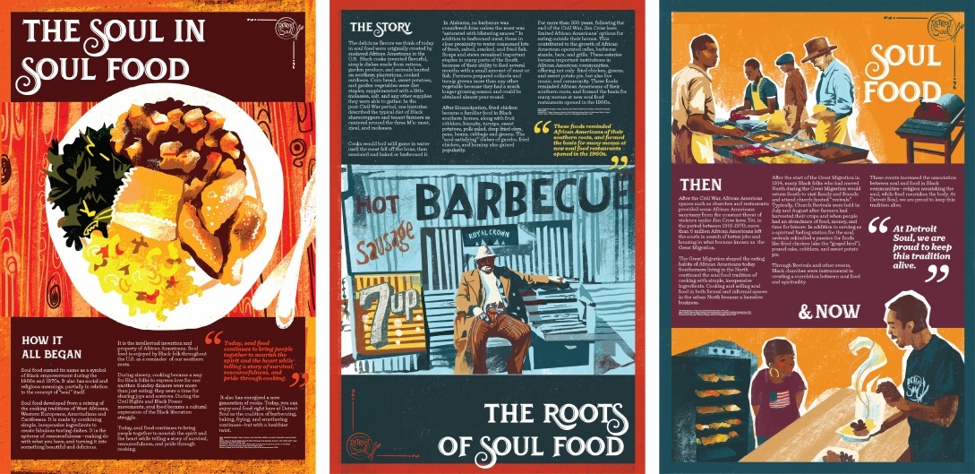illustrated posters of Detroit Soul's historical roots, featuring soul food