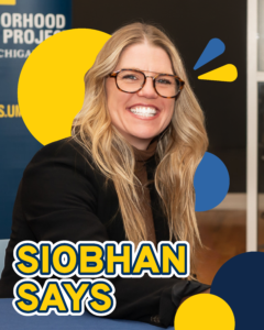 the text Siobhan Says over a photo of Siobhan, a white woman with glasses and a big smile